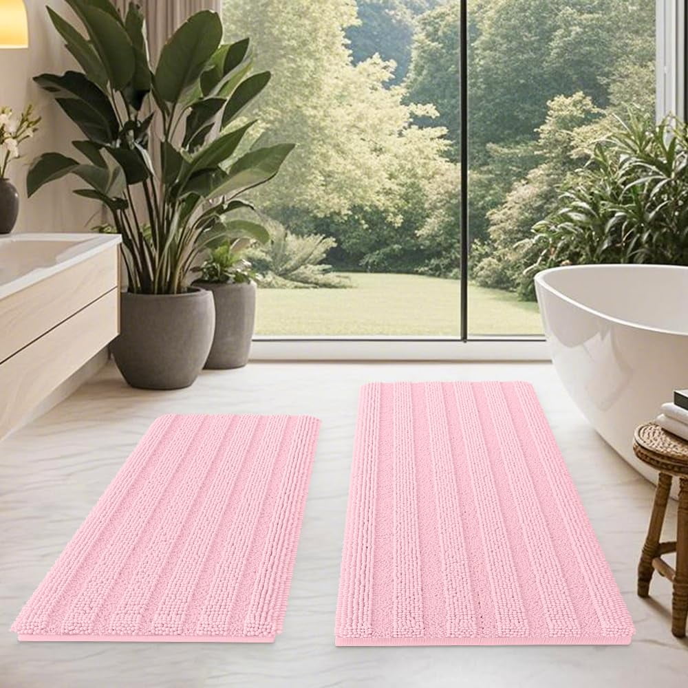 HAKUNA Striped Grey Bathroom Rug Set 3 Pieces Gray Ultra Soft, Non Slip Chenille Toilet Mat, Absorbent Plush Shaggy Bath Mats for Bathroom, Bedroom, Kitchen, Charcoal