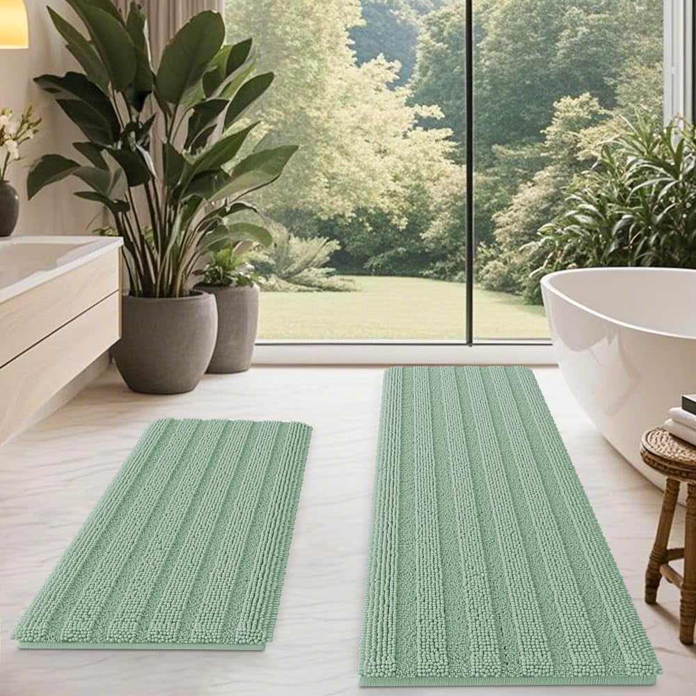 HAKUNA Striped Grey Bathroom Rug Set 3 Pieces Gray Ultra Soft, Non Slip Chenille Toilet Mat, Absorbent Plush Shaggy Bath Mats for Bathroom, Bedroom, Kitchen, Charcoal
