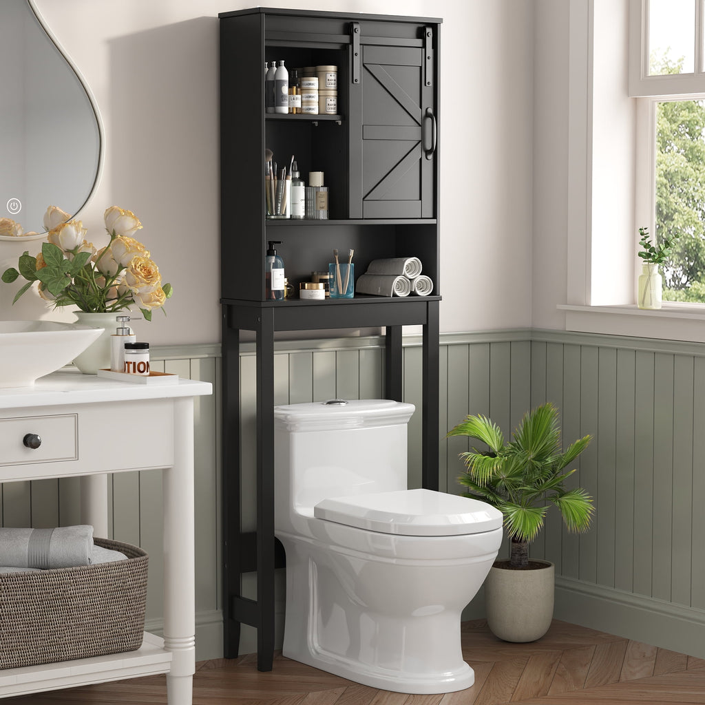 Over the Toilet Storage Cabinet, Rustic Storage Cabinet Over Toilet with Sliding Barn Door & Adjustable Shelves, Farmhouse Space Saver Organizer for Bathroom,Living Room, Black