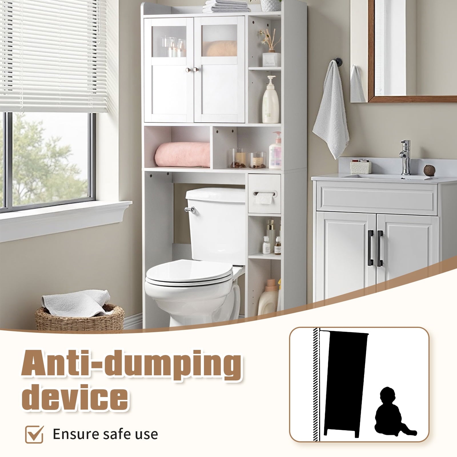 Zimtown Over the Toilet Bathroom Storage Cabinet with 2 Doors and 3 Storage Shelves& Side Storage, White