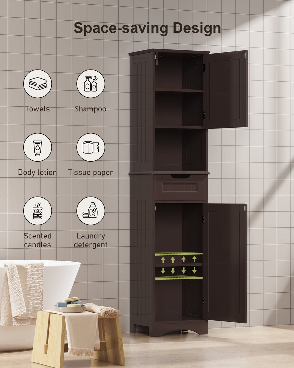 Storage Cabinet, Lofka 67”H Tall Bathroom Cabinet, Narrow Wooden Floor Cabinet with Door, Drawer, Adjustable Shelf, Brown