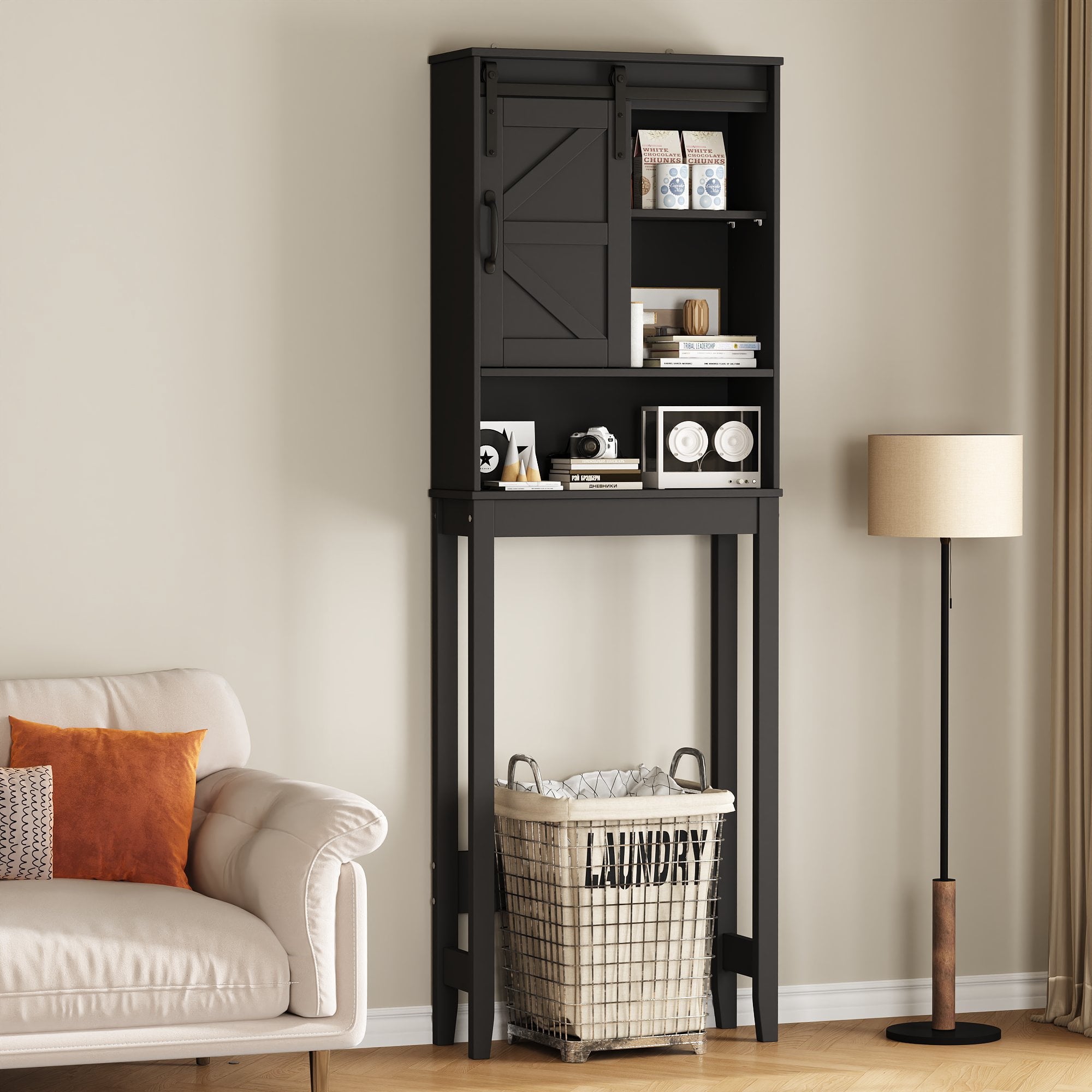 Over the Toilet Storage Cabinet, Rustic Storage Cabinet Over Toilet with Sliding Barn Door & Adjustable Shelves, Farmhouse Space Saver Organizer for Bathroom,Living Room, Black