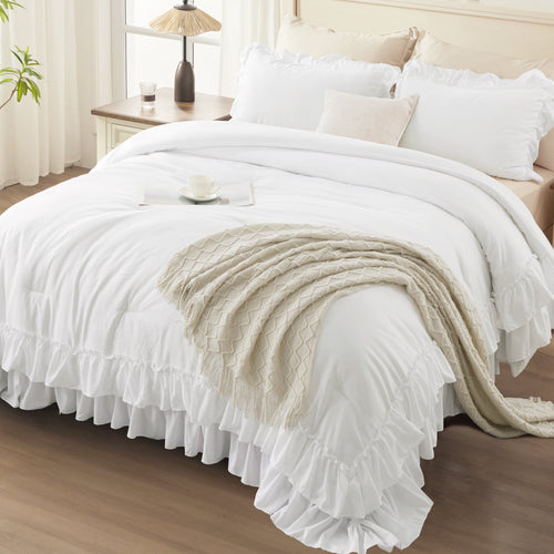 ANGENIA Queen Comforter Set White - 3 Pieces Soft Fluffy Ruffle Bedding Comforter Sets for Queen Bed, All Season Farmhouse Lightweight Microfiber Down Alternative Bed Set
