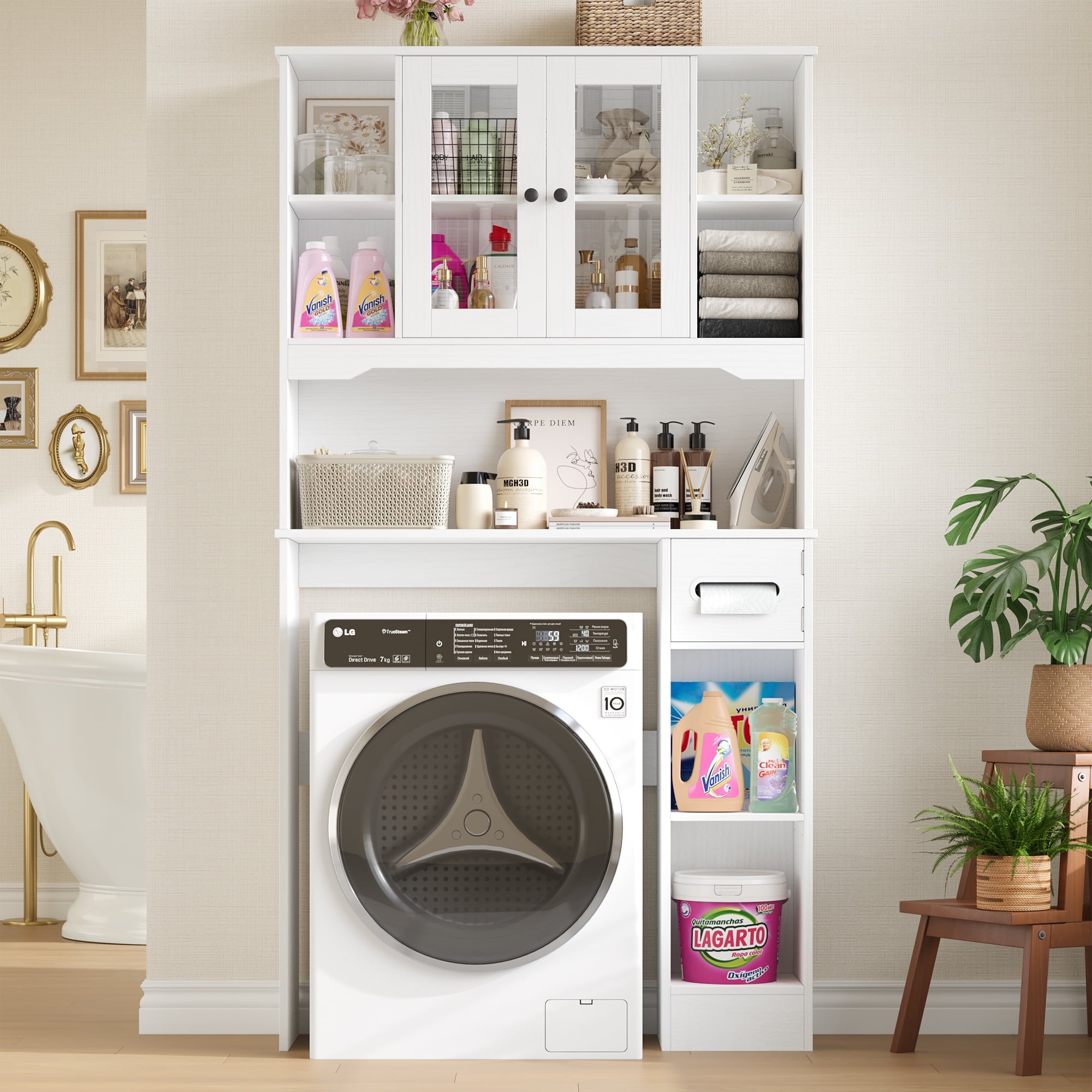 Homfa Over The Toilet Storage Cabinet with Toilet Paper Holder Stand, Above Toilet Organizer with Glass Doors, Behind Toilet Shelf for Restroom, Bathroom, Laundry, White