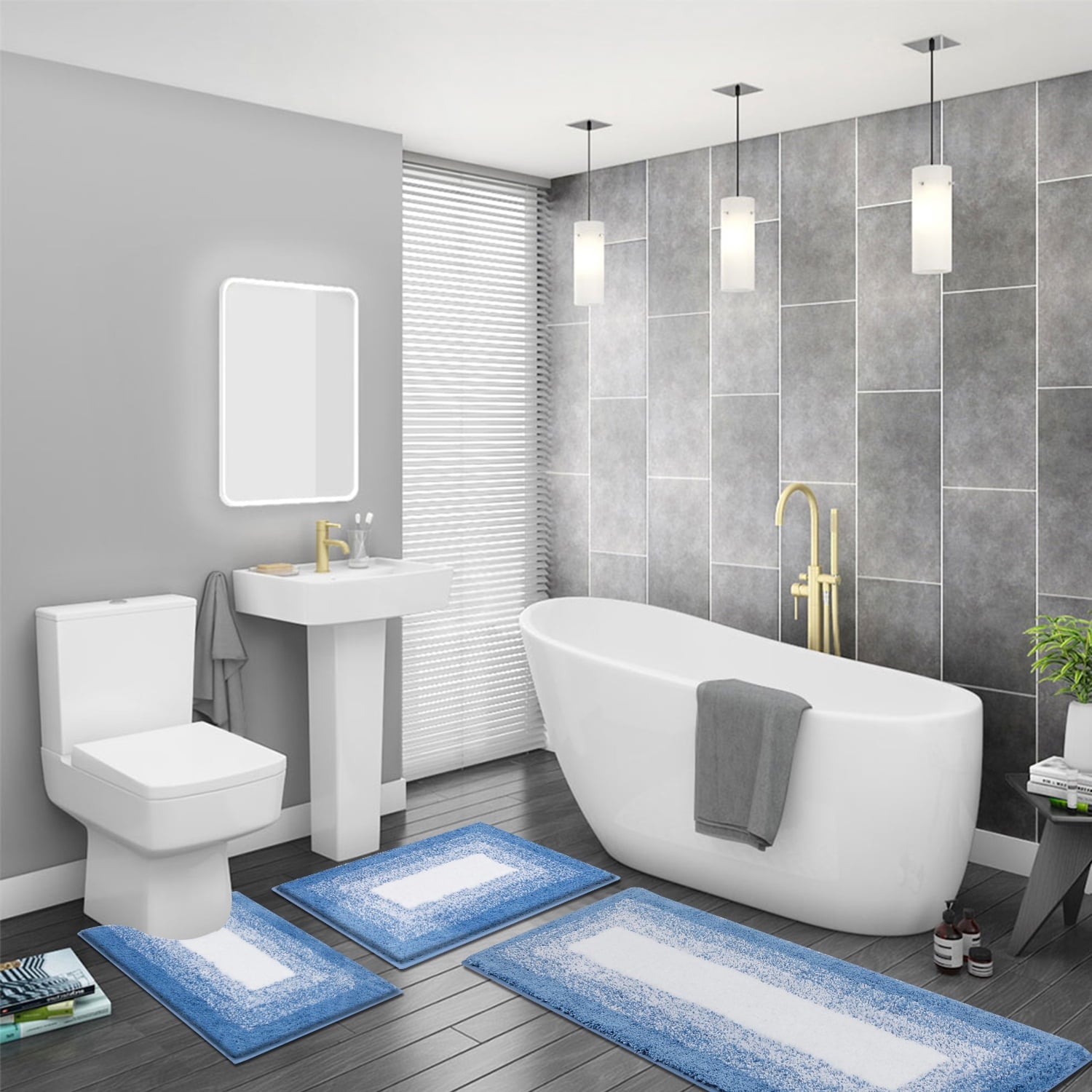 Ileading Bathroom Rugs Sets 4 Piece Plush Shaggy Microfiber Bath Rug with U-Shaped Contour Toilet Mat