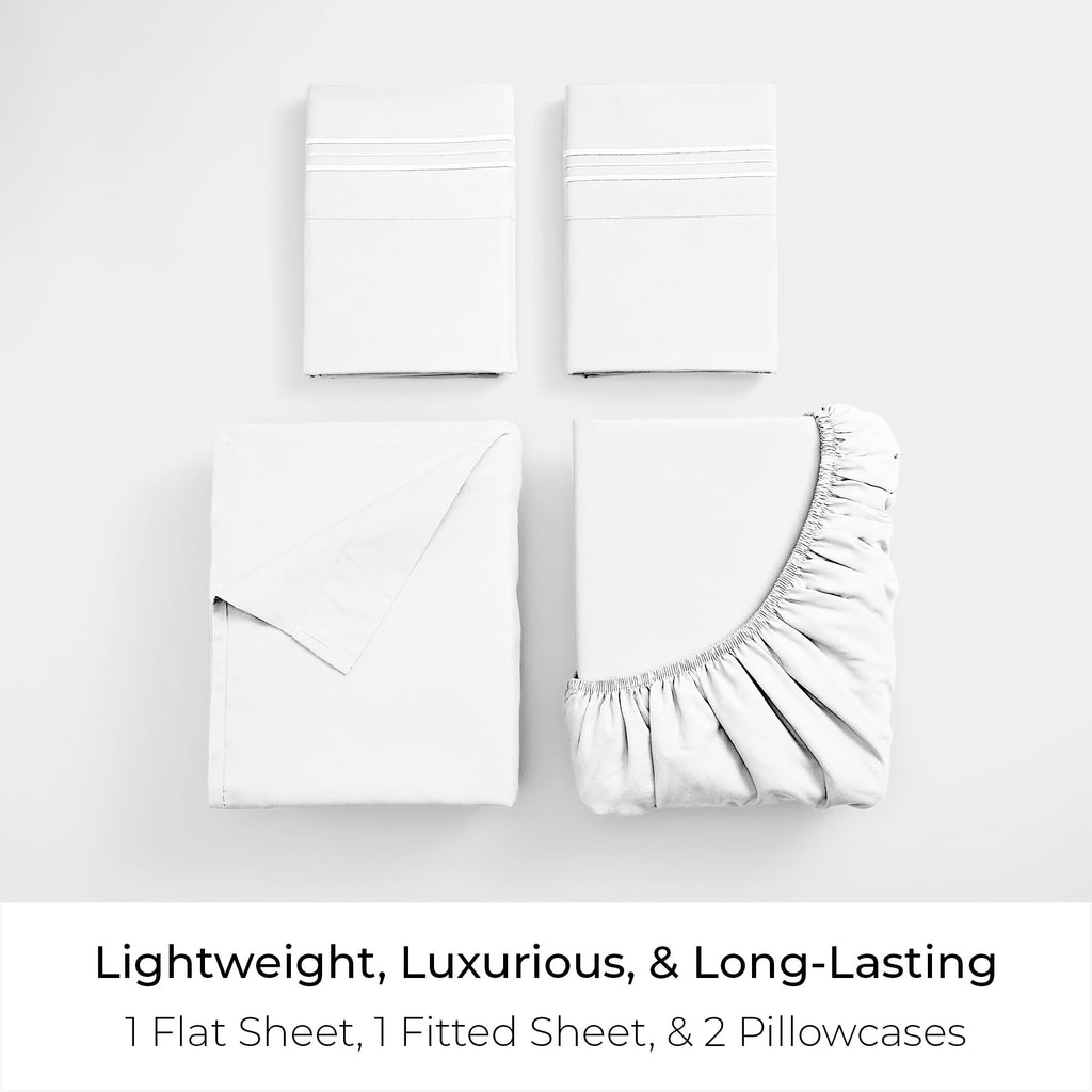 Mellanni 4-Piece Iconic Queen Bedsheet Set - Microfiber, 16" Deep Pocket, Cooling, Wrinkle, Fade, Stain Resistant, White