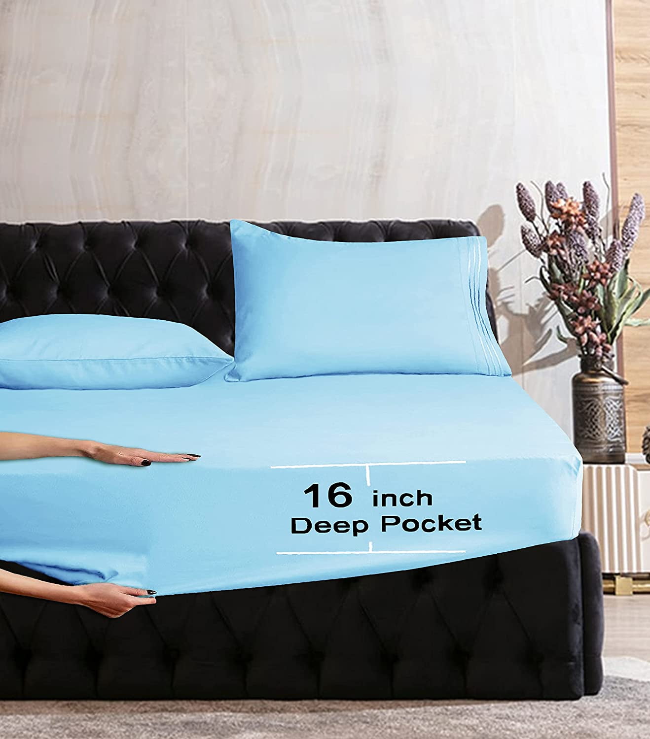 Elegant Deep Pocket Fitted Sheet Fits 14 to 16 inches, Soft Double Brushed Microfiber Fitted Bottom Sheet Only, Full Aqua