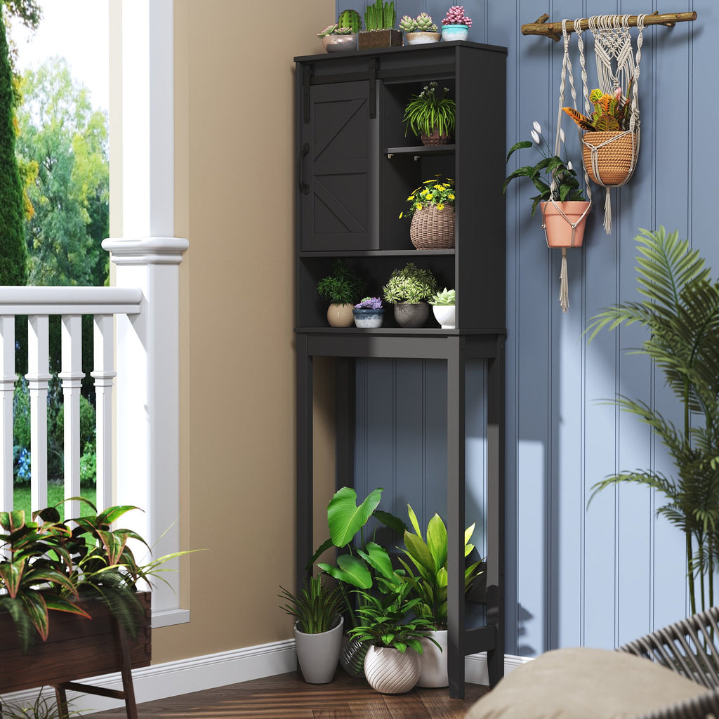 Over the Toilet Storage Cabinet, Rustic Storage Cabinet Over Toilet with Sliding Barn Door & Adjustable Shelves, Farmhouse Space Saver Organizer for Bathroom,Living Room, Black
