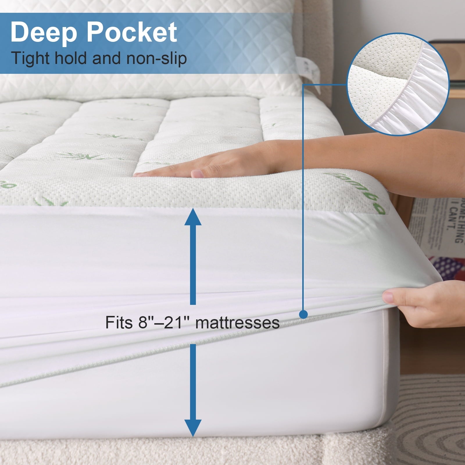 EMONIA Mattress Pad Queen Size Pillow Top Mattress Cover,Washable Mattress topper,Breathable Soft Viscose Made from Bamboo,Mattress Protector Deep Pocket Fits 8-21 Inches