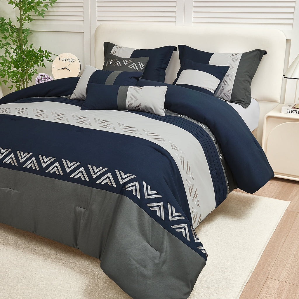 HIG 7 Piece Embroidery Design Bed-in-a-Bag, Navy Queen Size Ultra Soft Comforter Set for Adults
