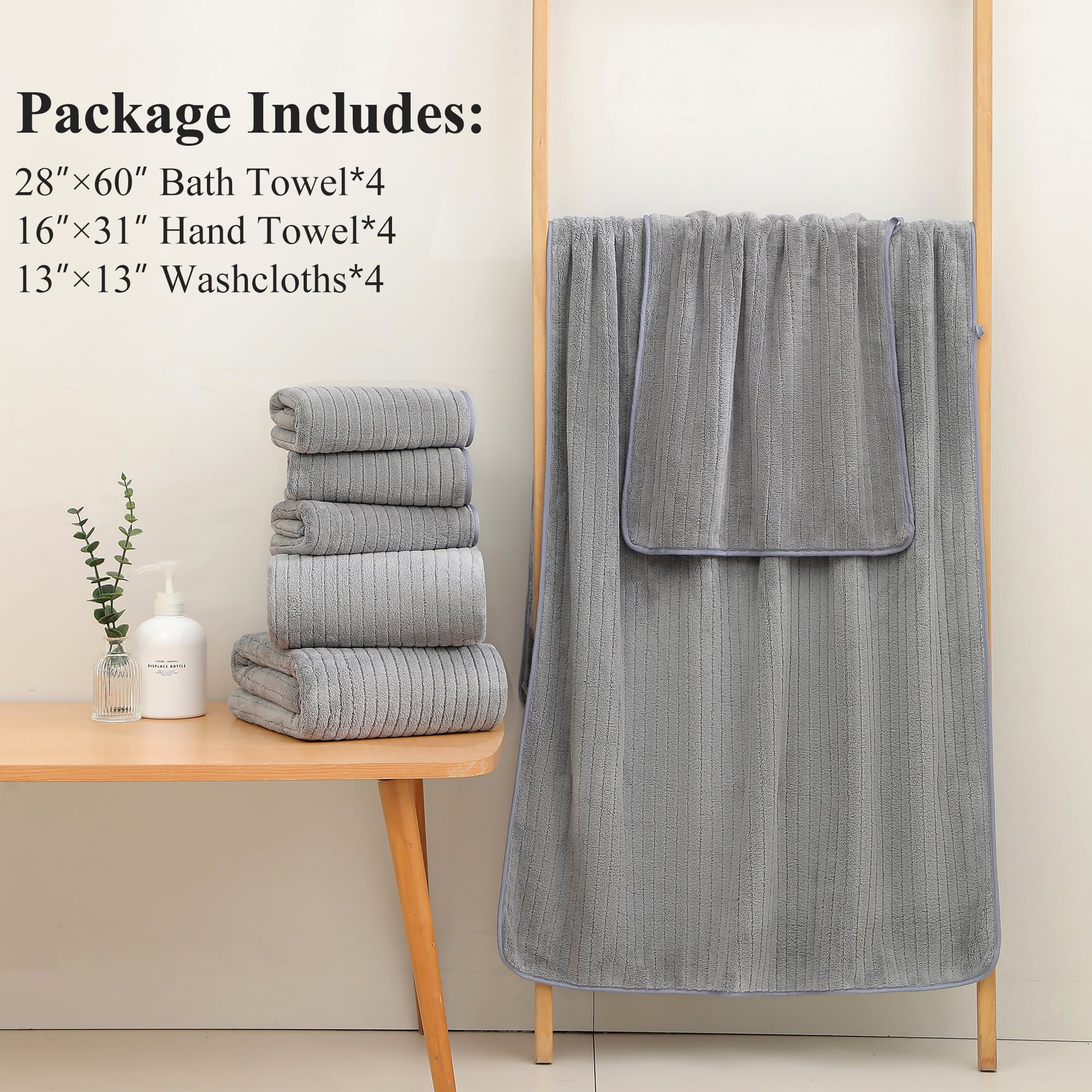 Jessy Home 12 Piece Dark Gray Bath Towel Set for Bathroom-4 Bath Towels,4 Hand Towels,4 Washcloths Soft and Plush Highly Absorbent Towel for Hotel & Spa