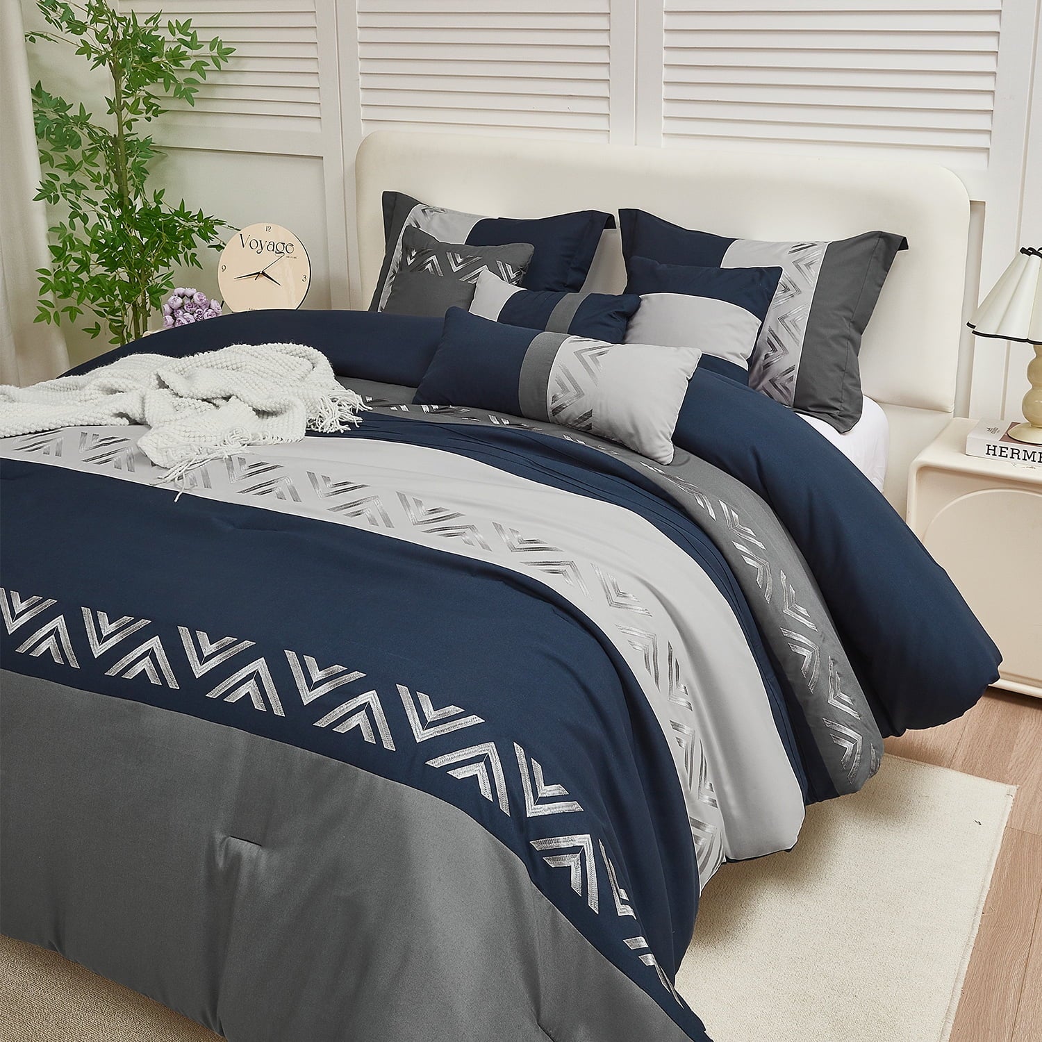 HIG 7 Piece Embroidery Design Bed-in-a-Bag, Navy Queen Size Ultra Soft Comforter Set for Adults
