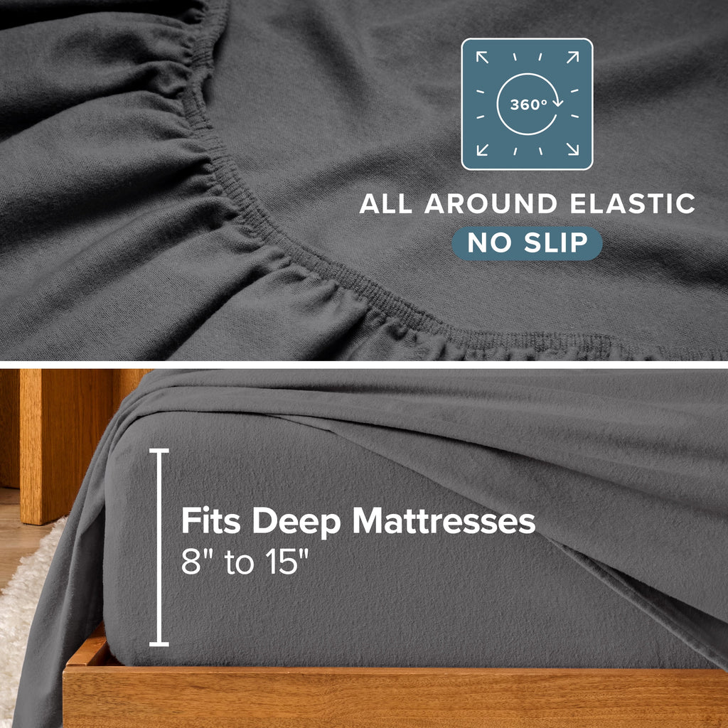 Bare Home Luxury 100% Cotton Flannel Queen Sheet Set, Deep Pocket, 4-Piece, Gray