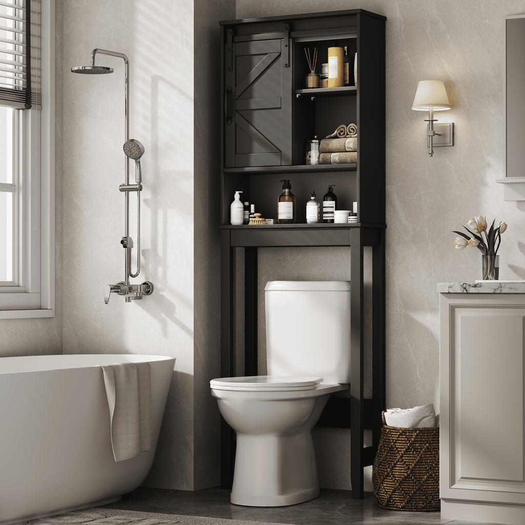 Over the Toilet Storage Cabinet, Rustic Storage Cabinet Over Toilet with Sliding Barn Door & Adjustable Shelves, Farmhouse Space Saver Organizer for Bathroom,Living Room, Black