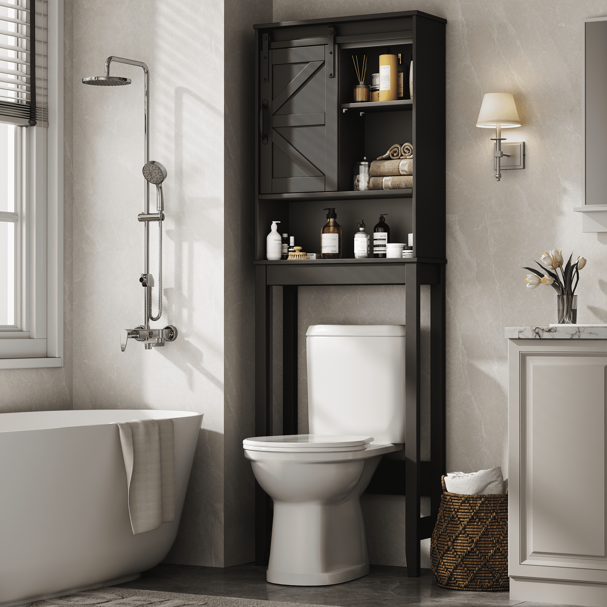 Over the Toilet Storage Cabinet, Rustic Storage Cabinet Over Toilet with Sliding Barn Door & Adjustable Shelves, Farmhouse Space Saver Organizer for Bathroom,Living Room, Black