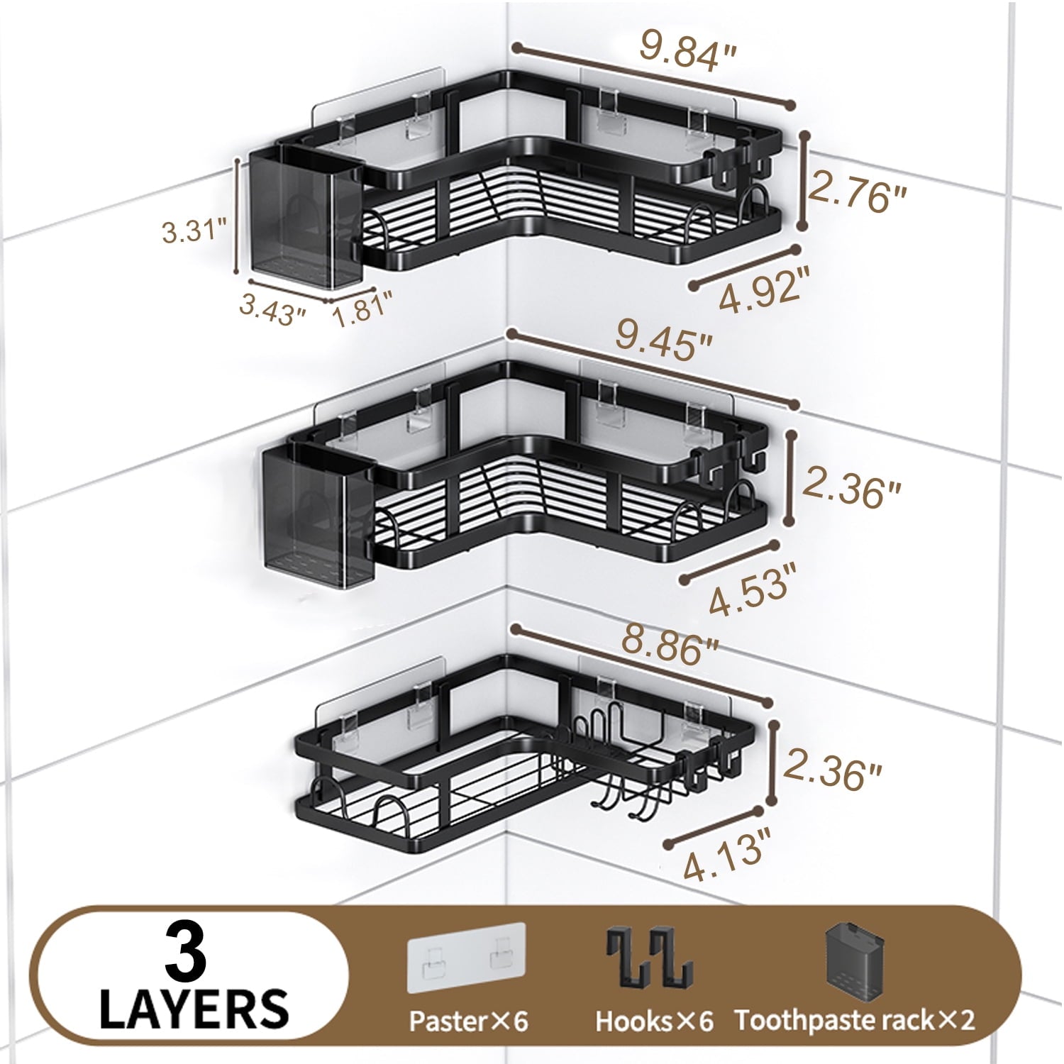 PHANCIR 5 PCS Corner Shower Caddy, No Drilling Stainless Steel Shower Storage Rack with Hooks & Toothpaste Holder for Bathroom, Black