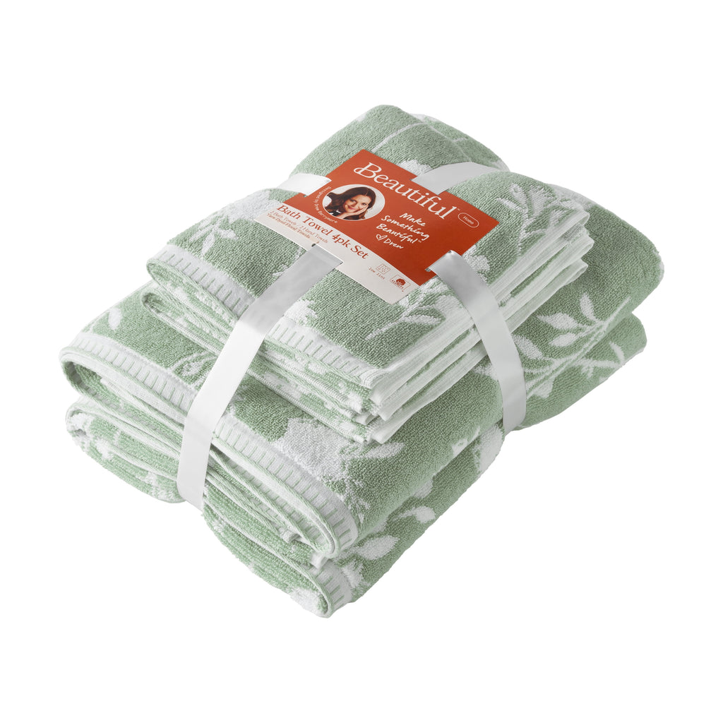 Beautiful by Drew Barrymore 4-Piece Floral Bath Towel Set, 100% Cotton, Sage Green