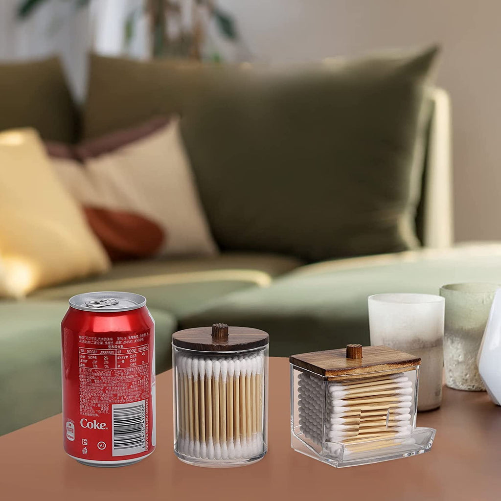 HBlife 4 Pack Qtips Holder Bathroom Container, 10/7 OZ Cotton Ball/Swabs Dispenser, Apothecary Jar Organizer for Storage Brown Wood Lids