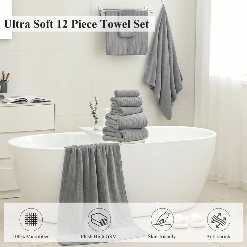 Jessy Home 12 Piece Dark Gray Bath Towel Set for Bathroom-4 Bath Towels,4 Hand Towels,4 Washcloths Soft and Plush Highly Absorbent Towel for Hotel & Spa