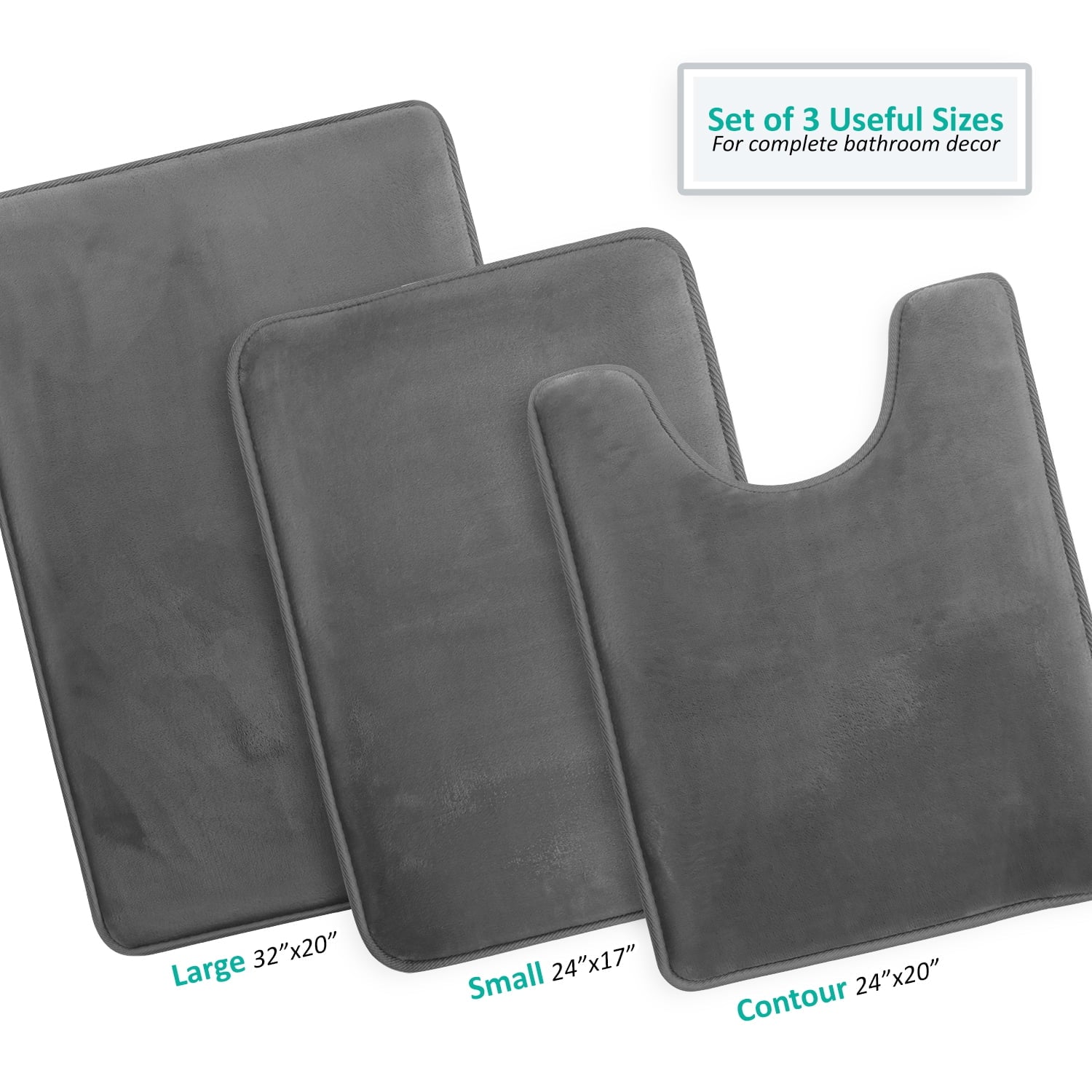 Nestl Set of 3 Absorbent Memory Foam Bath Mat Bathroom Rugs, Gray, Large 20"x32", Small 17"x24", Contour 24"x20"