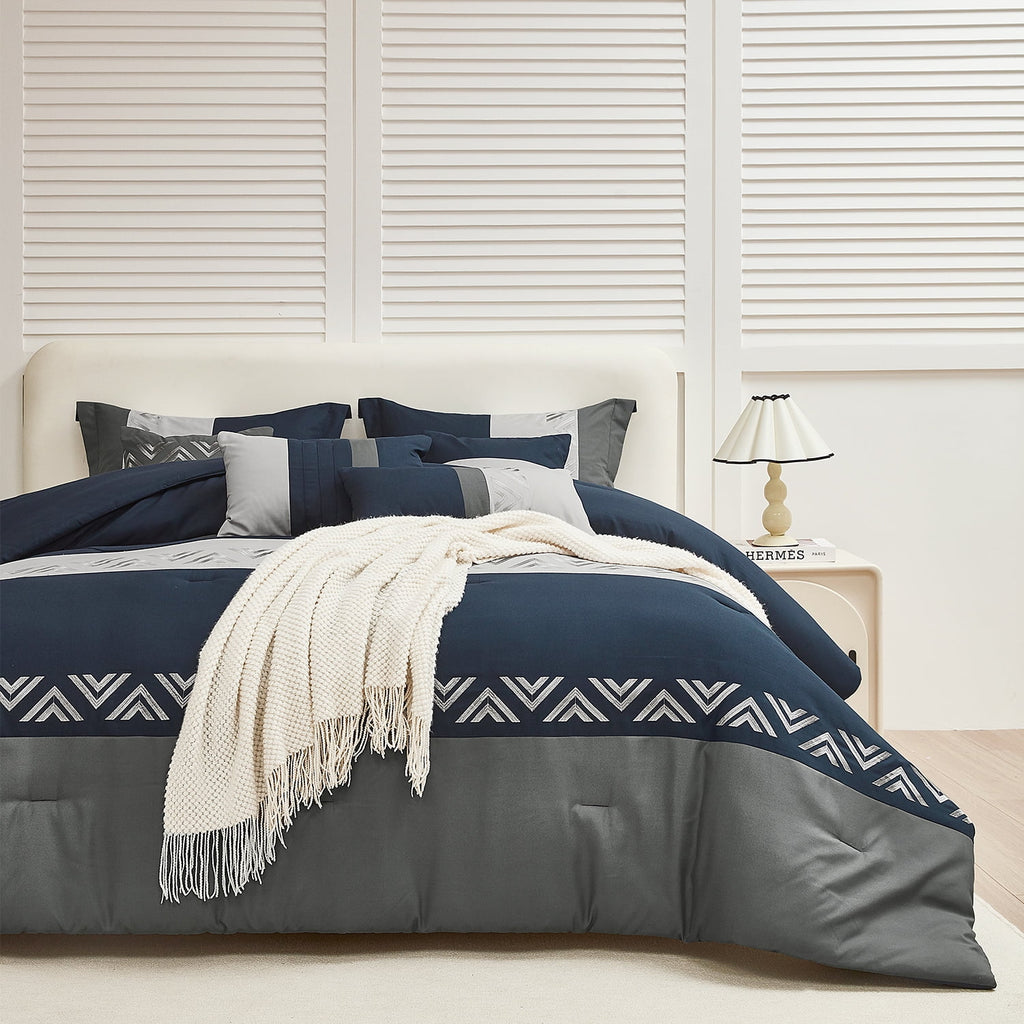 HIG 7 Piece Embroidery Design Bed-in-a-Bag, Navy Queen Size Ultra Soft Comforter Set for Adults