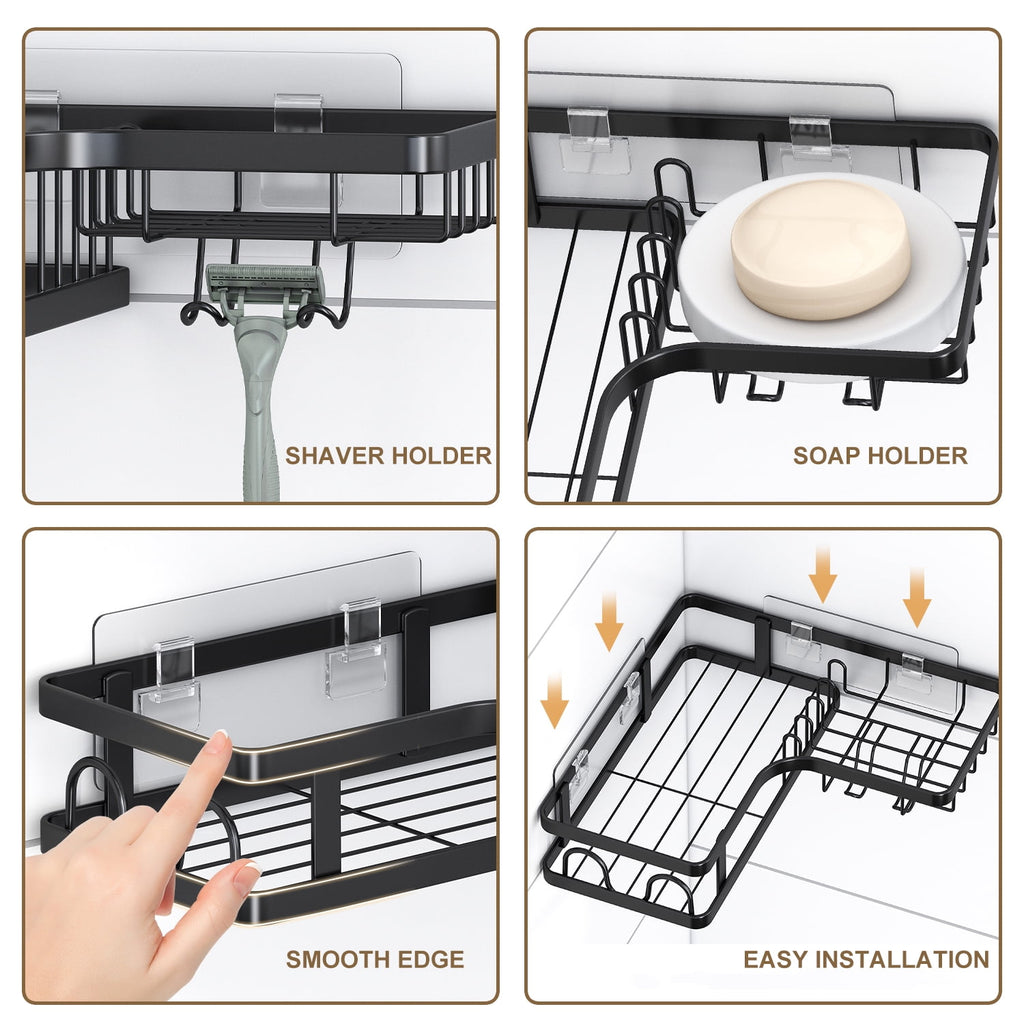 PHANCIR 5 PCS Corner Shower Caddy, No Drilling Stainless Steel Shower Storage Rack with Hooks & Toothpaste Holder for Bathroom, Black
