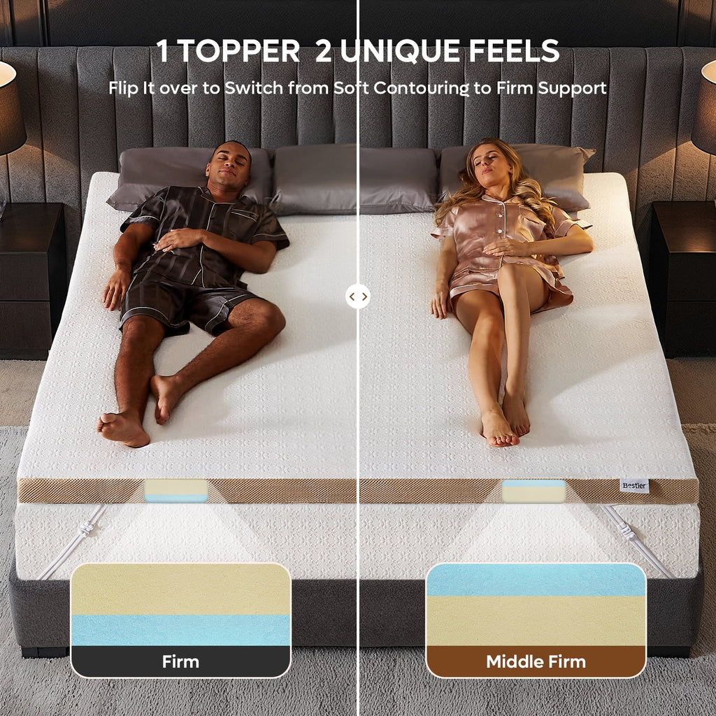 4" Queen Mattress Topper with Removable Fitted Cover | Ice Cooling Silk Fabric | Bestier High-Density Gel Memory Foam Bed Topper
