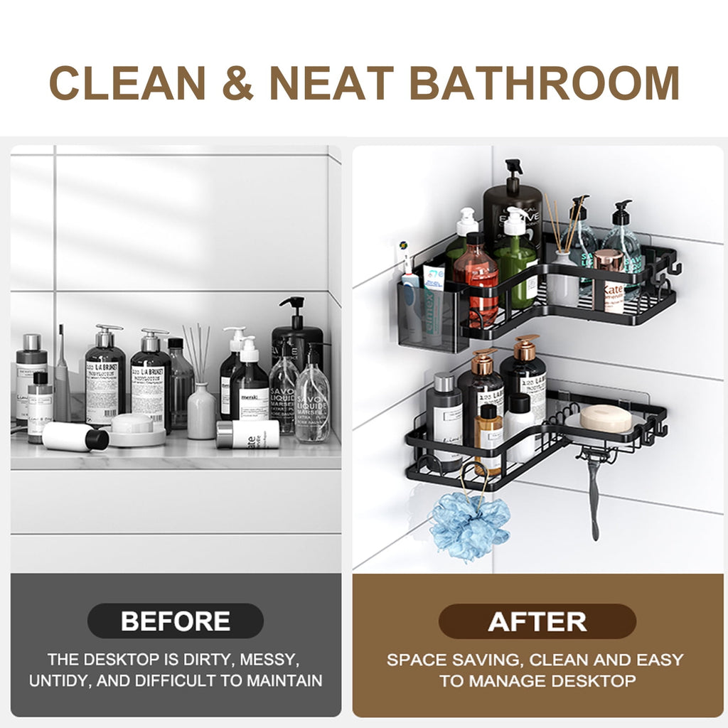 PHANCIR 5 PCS Corner Shower Caddy, No Drilling Stainless Steel Shower Storage Rack with Hooks & Toothpaste Holder for Bathroom, Black