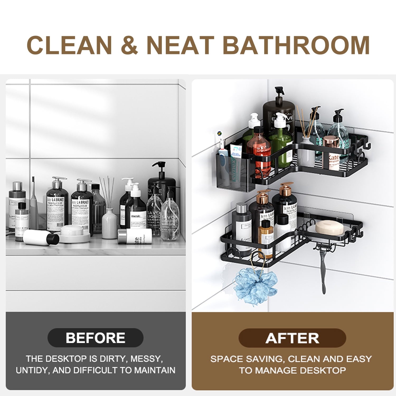 PHANCIR 5 PCS Corner Shower Caddy, No Drilling Stainless Steel Shower Storage Rack with Hooks & Toothpaste Holder for Bathroom, Black