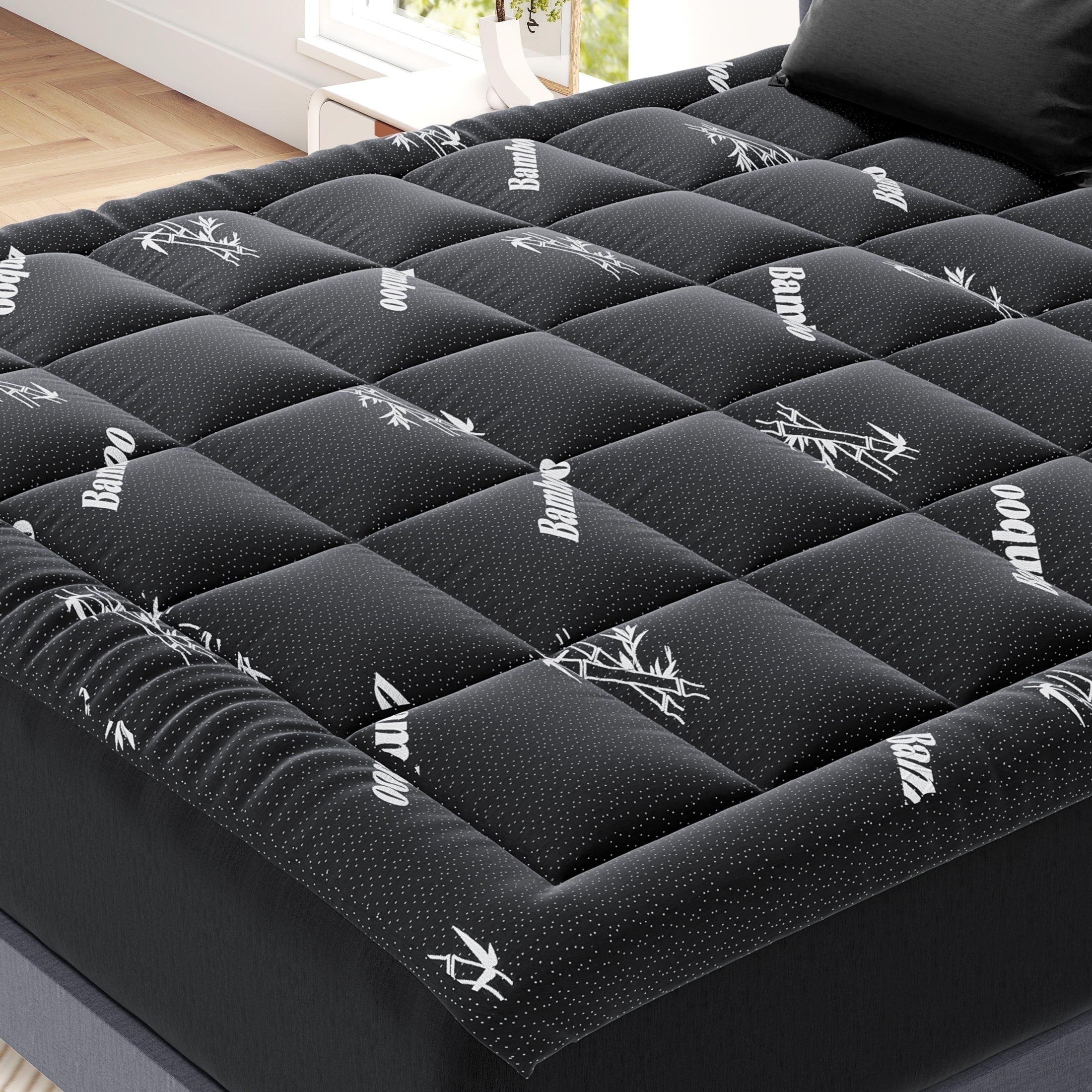 edx Queen Mattress Protector, Thickened Mattress Pad with Bamboo Fiber Viscose Filling, Breathable, Soft, Cooling,Black, 60" x 80"