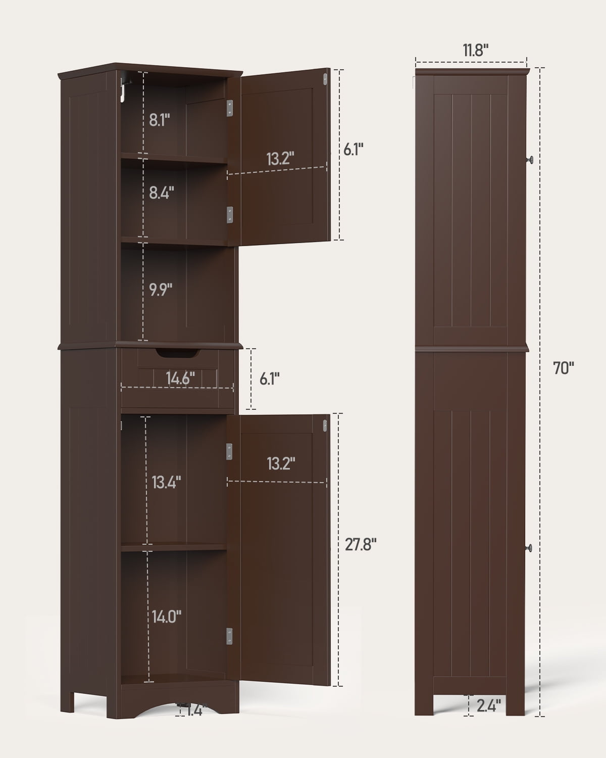 Storage Cabinet, Lofka 67”H Tall Bathroom Cabinet, Narrow Wooden Floor Cabinet with Door, Drawer, Adjustable Shelf, Brown