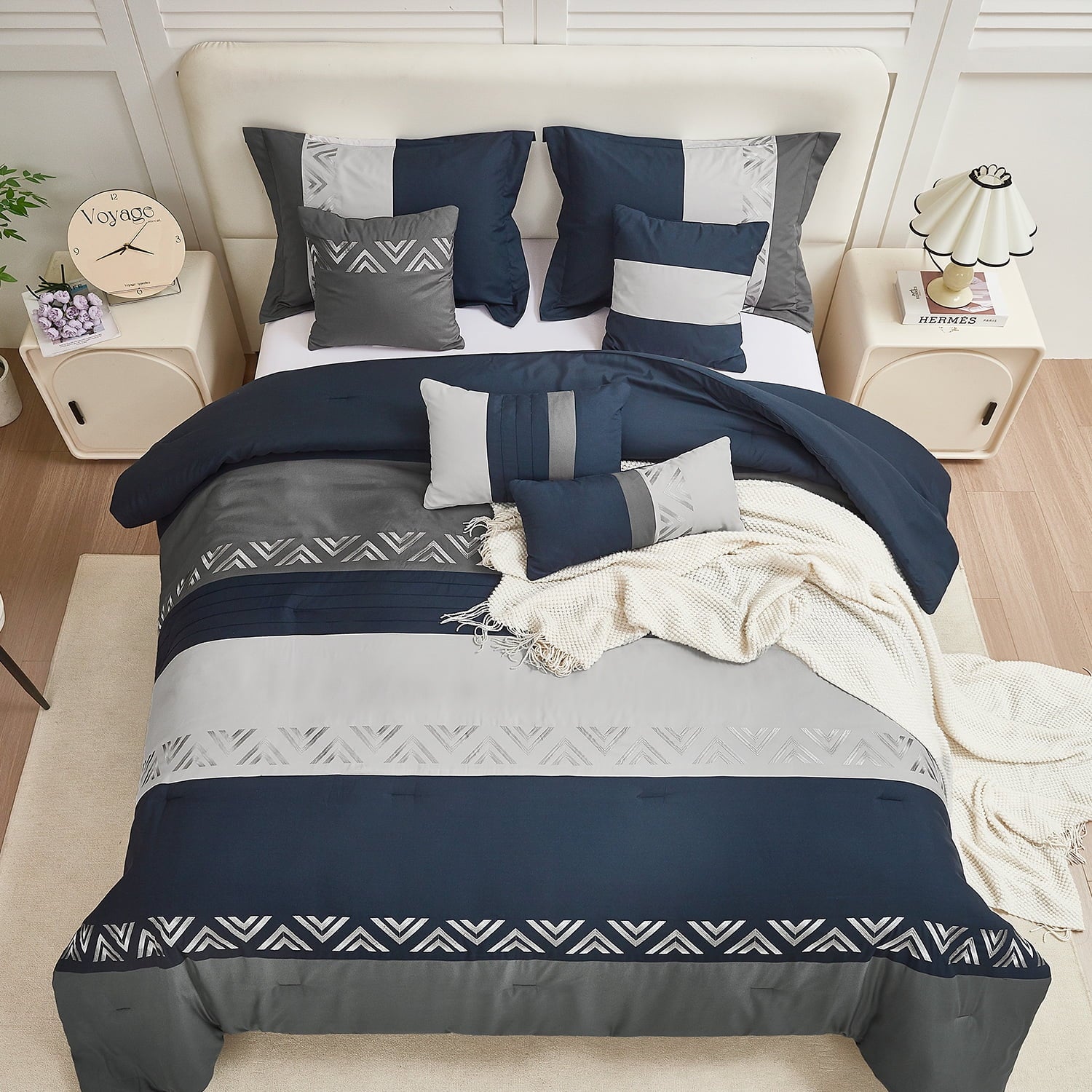 HIG 7 Piece Embroidery Design Bed-in-a-Bag, Navy Queen Size Ultra Soft Comforter Set for Adults