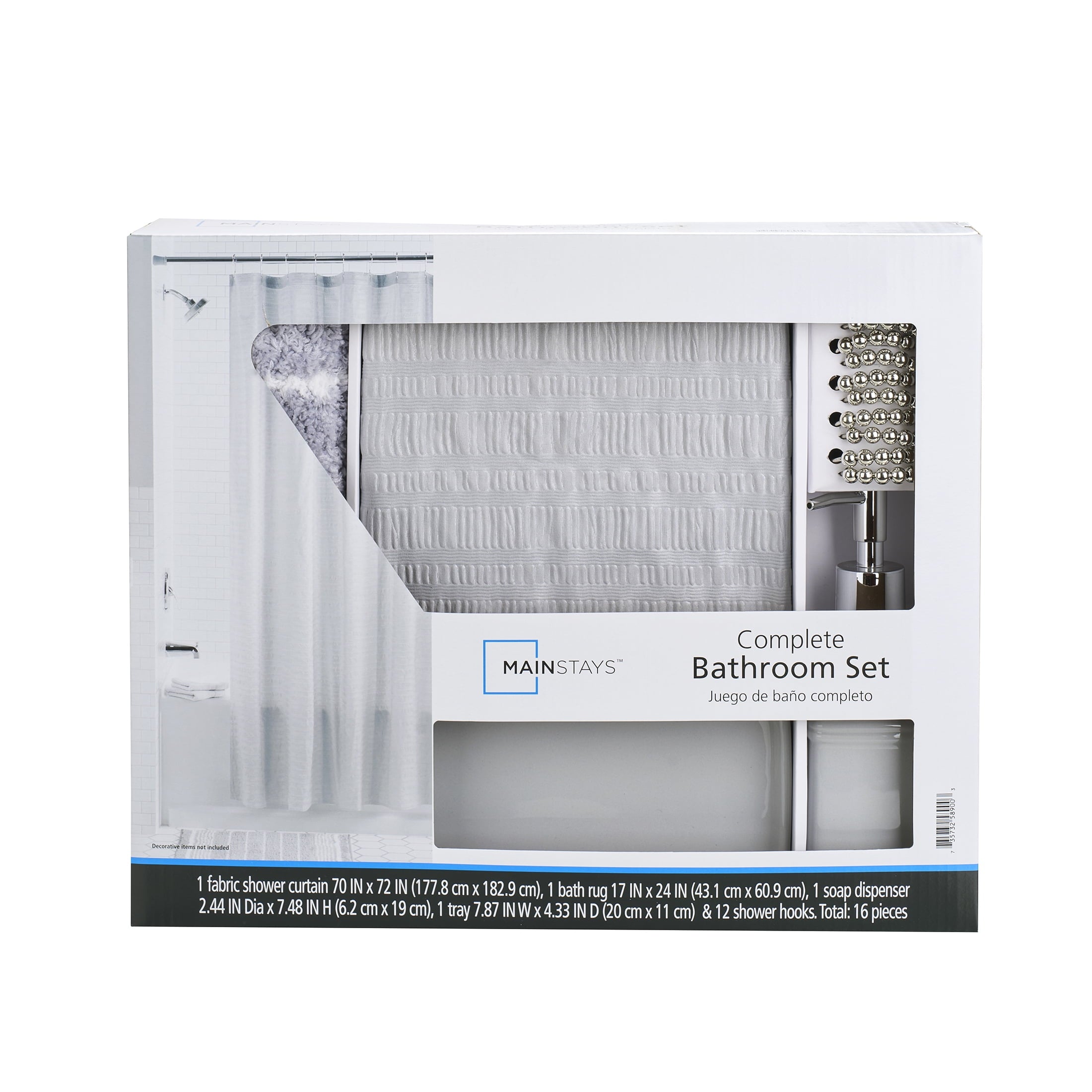 Mainstays 16-Piece Bathroom Shower Curtain Set – Soft Silver Fabric Curtain with Coordinated Bath Rug, Soap Pump & Tray