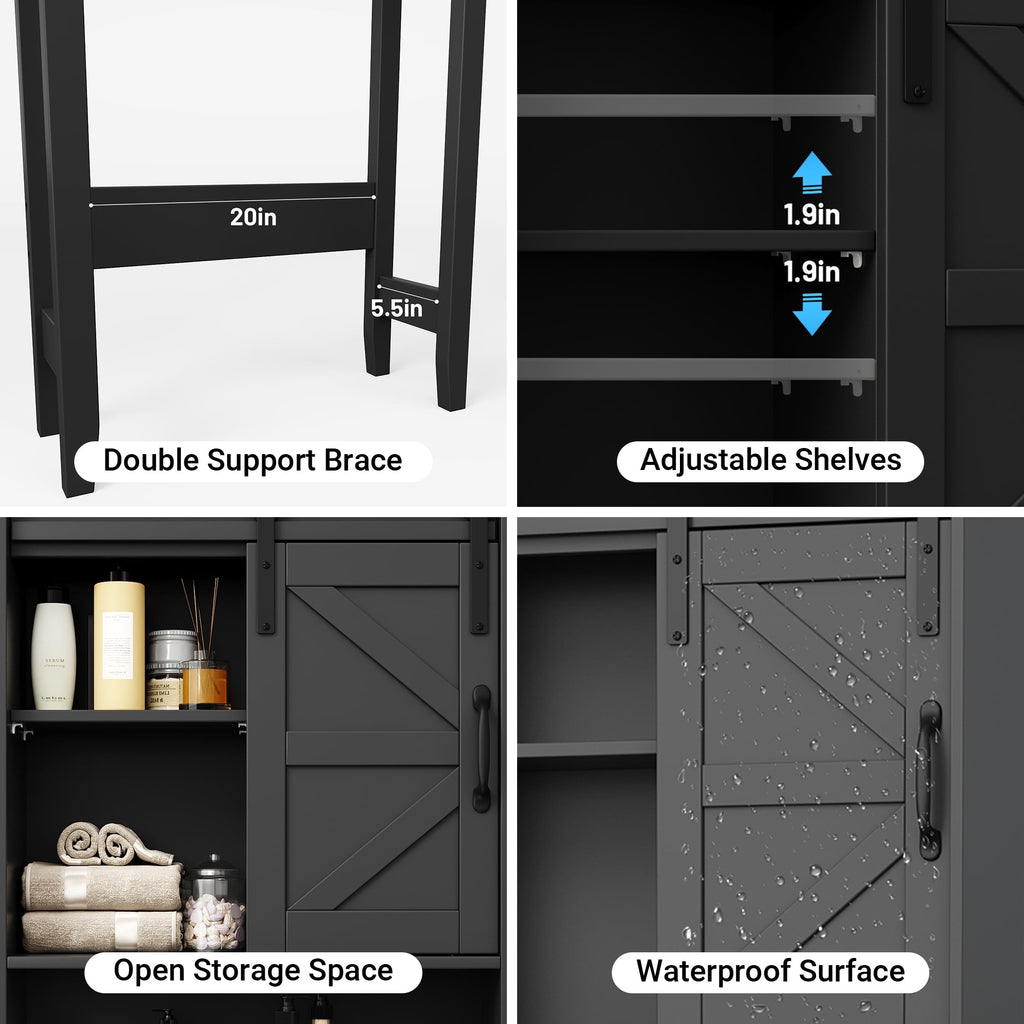 Over the Toilet Storage Cabinet, Rustic Storage Cabinet Over Toilet with Sliding Barn Door & Adjustable Shelves, Farmhouse Space Saver Organizer for Bathroom,Living Room, Black
