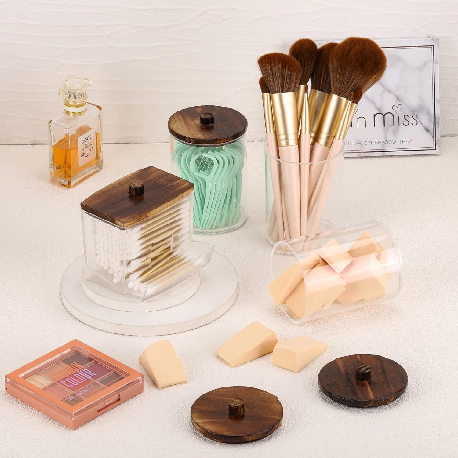 HBlife 4 Pack Qtips Holder Bathroom Container, 10/7 OZ Cotton Ball/Swabs Dispenser, Apothecary Jar Organizer for Storage Brown Wood Lids