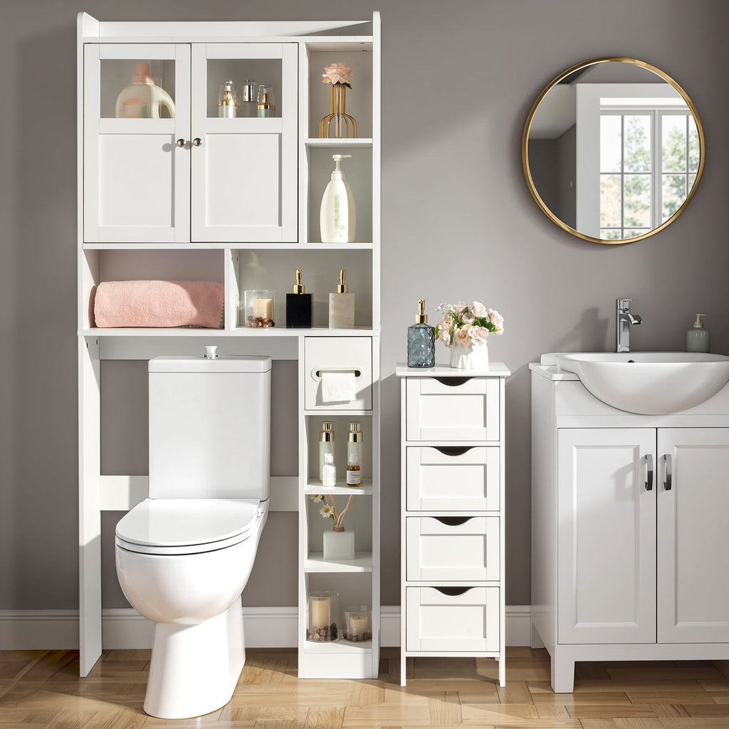 Zimtown Over the Toilet Bathroom Storage Cabinet with 2 Doors and 3 Storage Shelves& Side Storage, White