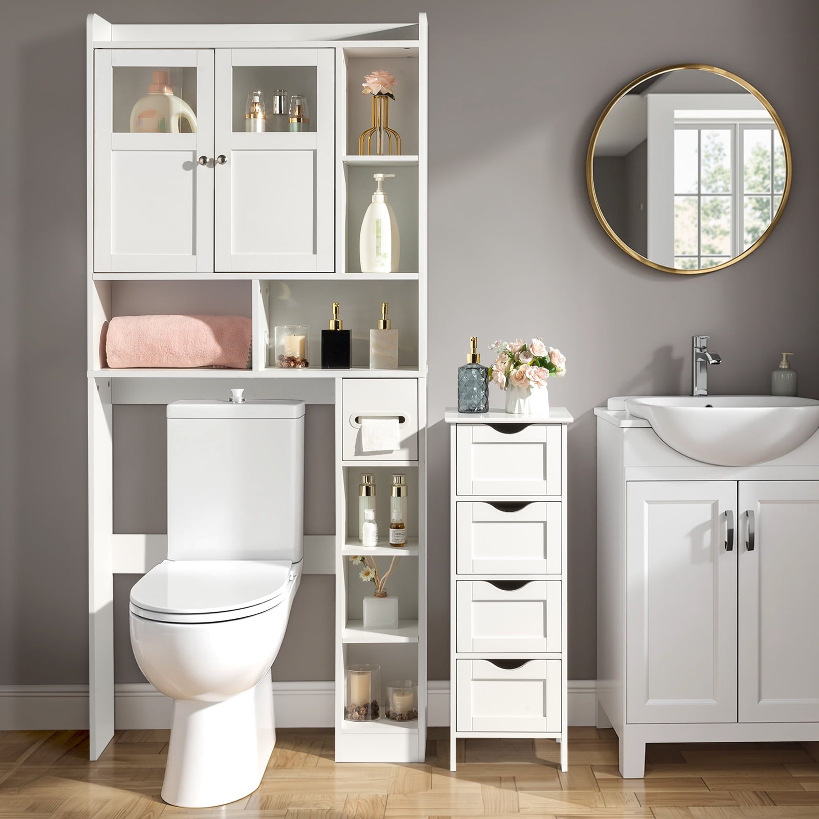 Zimtown Over the Toilet Bathroom Storage Cabinet with 2 Doors and 3 Storage Shelves& Side Storage, White